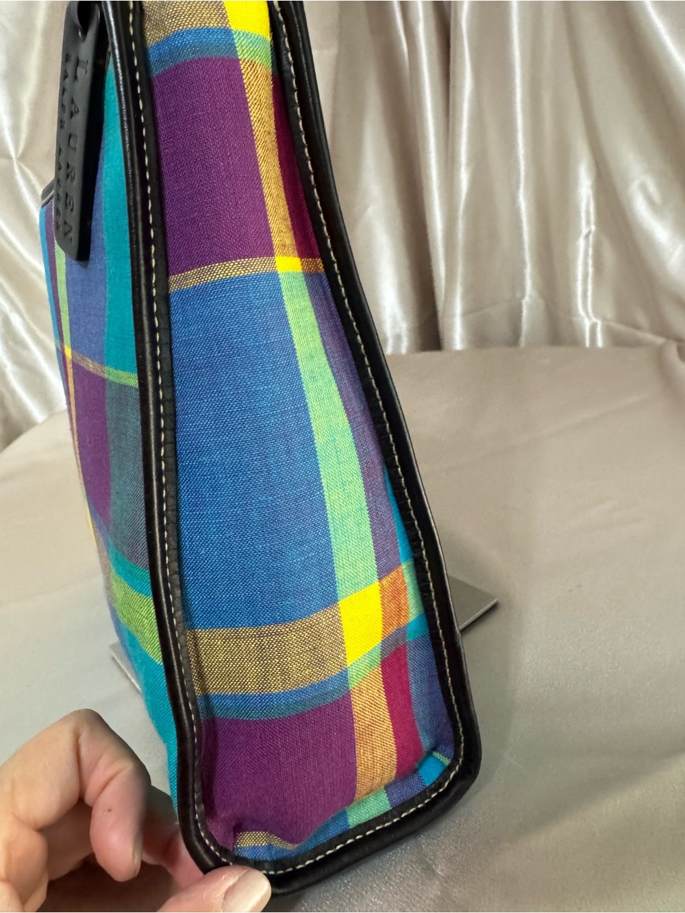 Lauren Ralph Lauren Teal Plaid Shoulder Bag with leather Trim - Picture 4 of 16